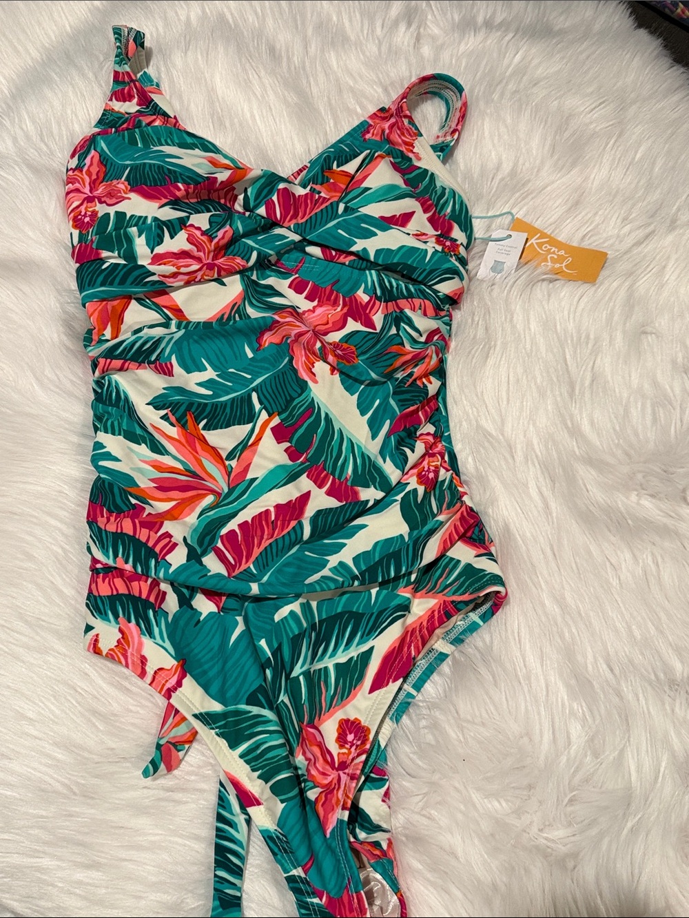 Kona Sol Teal & Pink Tropical Leaf One-Piece Swimsuit
